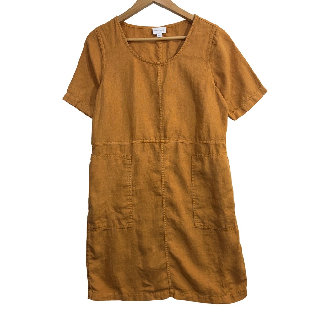PureJill S 100% Linen Shift Dress Ochre Minimalist Lagenlook Quiet Luxury Earthy
